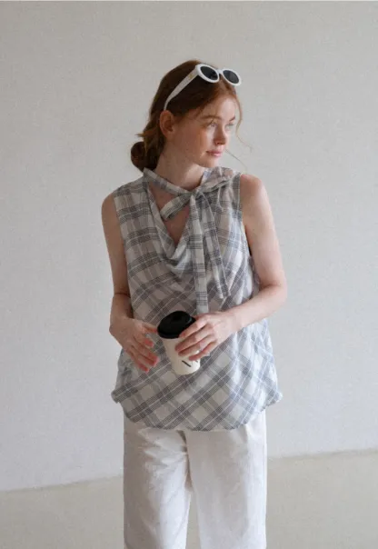 Plaid Bow Sleeveless Top