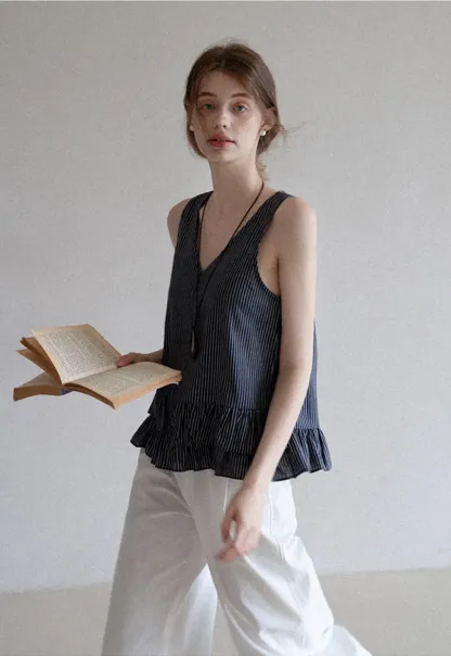 Striped Ruffle Hem Sleeveless Top