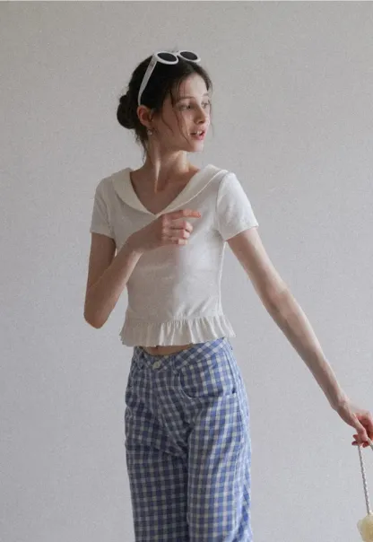 Women’s Sailor Collar Ruffle Hem Short-Sleeve Tee