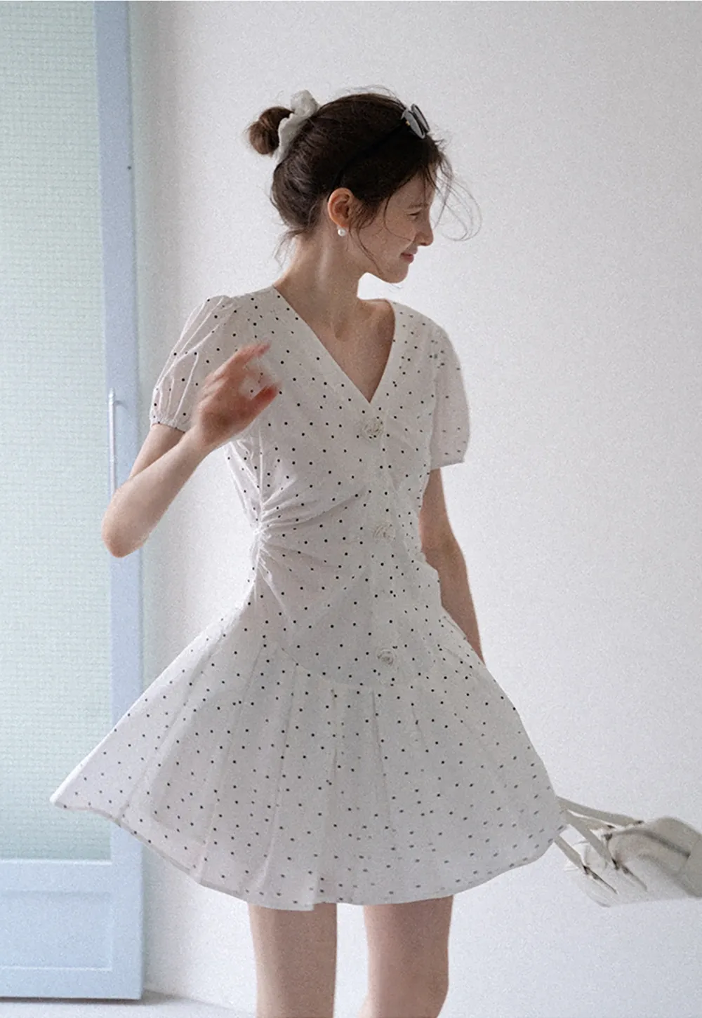 Women’s Polka Dot Ruched Button Mini Dress