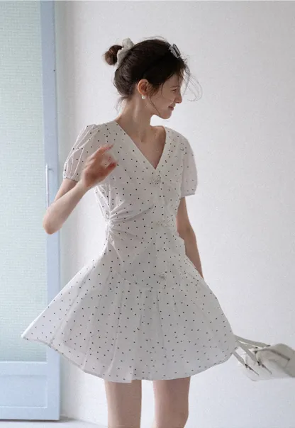 Women’s Polka Dot Ruched Button Mini Dress