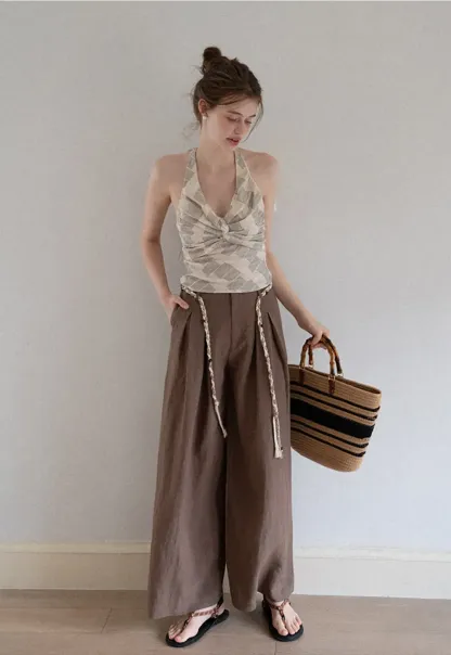 Wide Leg Pants with Braided Rope Belt