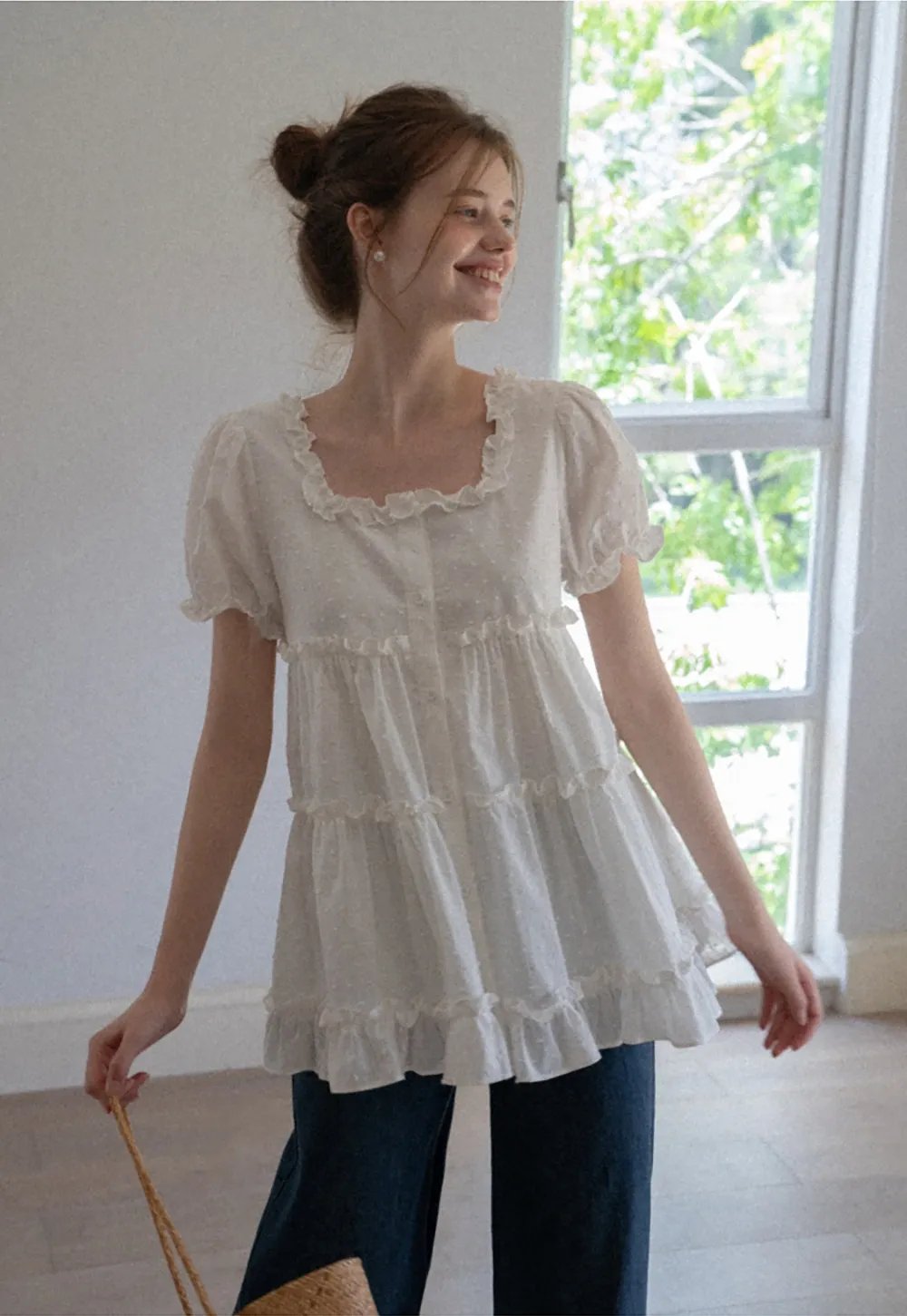 Women’s Square Neck Ruffle Babydoll Blouse