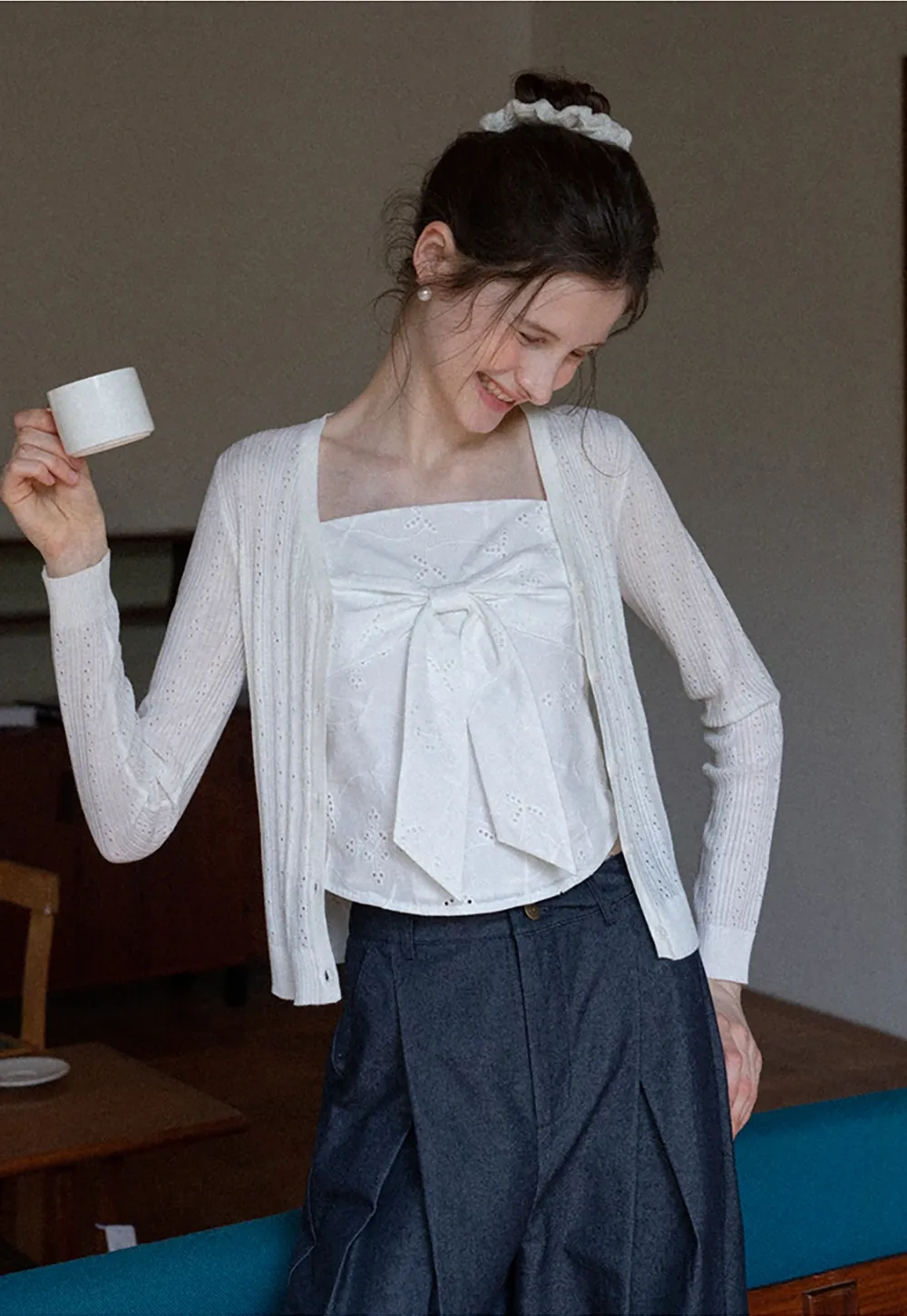 Pointelle Knit V-Neck Cardigan