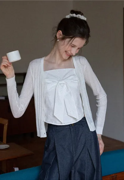 Pointelle Knit V-Neck Cardigan