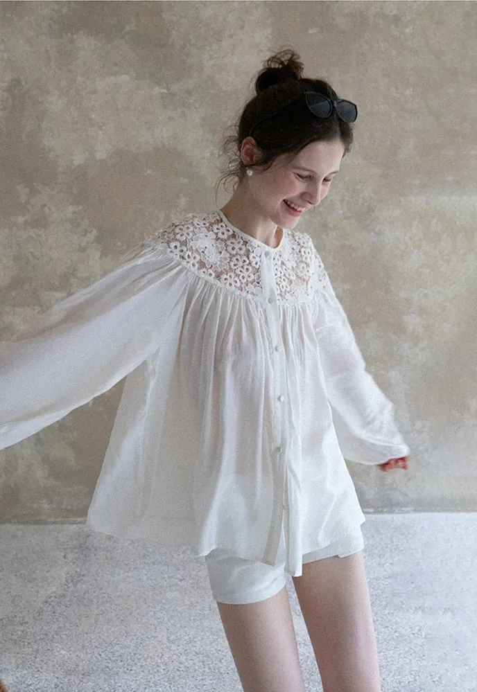 Women Lace Yoke Bishop Sleeve Button Down Blouse