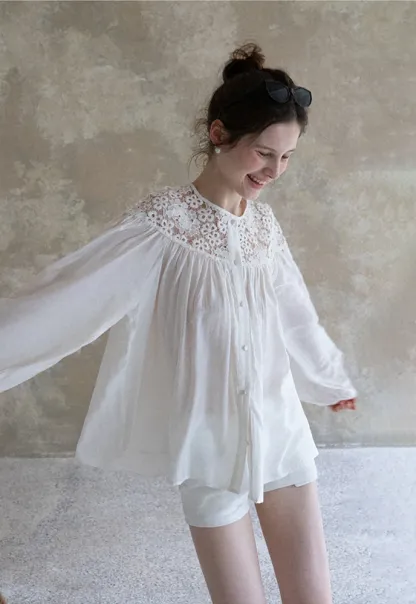 Women Lace Yoke Bishop Sleeve Button Down Blouse