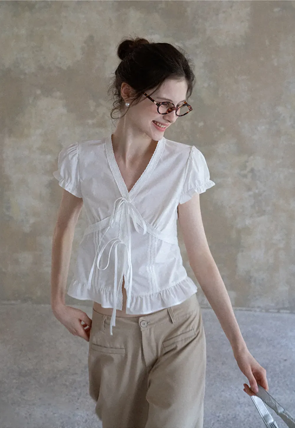 Women's Puff Sleeve Back Tie Blouse with Lace Trim