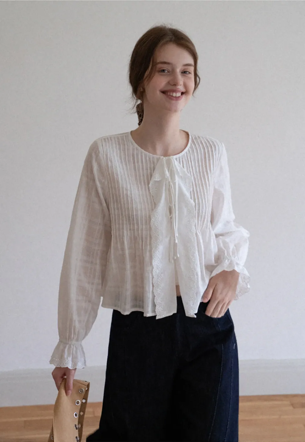 Women's Sheer Lace Tie Front Long Sleeve Blouse