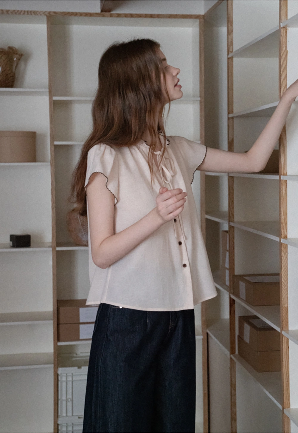 Women Ruffle Tie Neck Flutter Sleeve Button Down Blouse