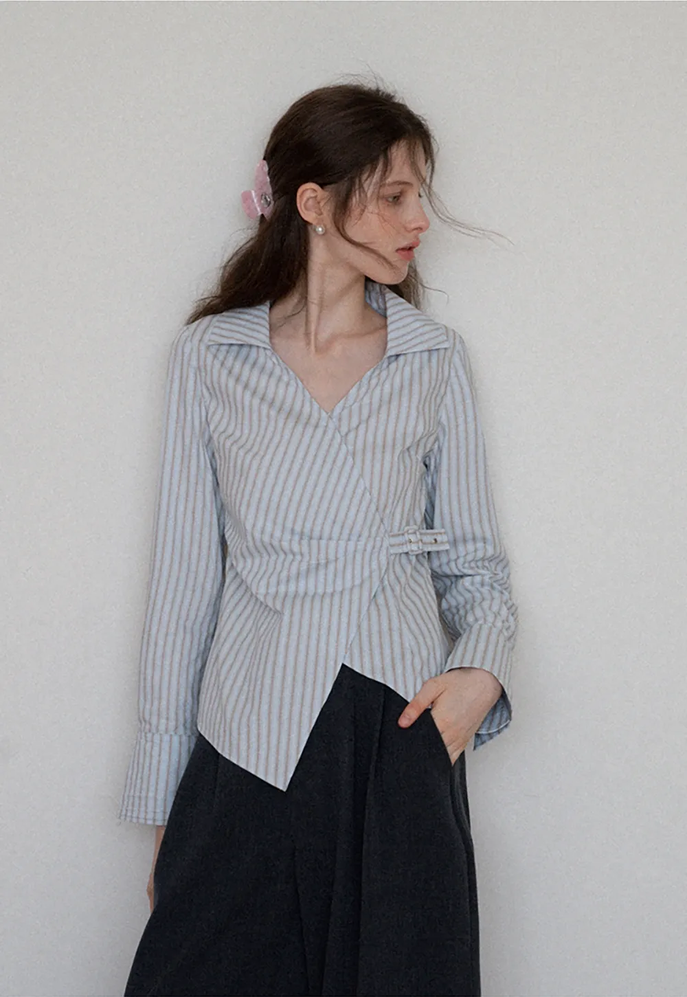 Women's Striped Wrap Shirt with Side Buckle
