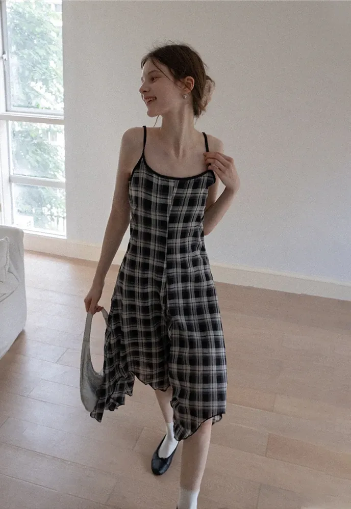 Plaid Handkerchief-Hem Cami Dress