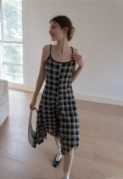 Plaid Handkerchief-Hem Cami Dress