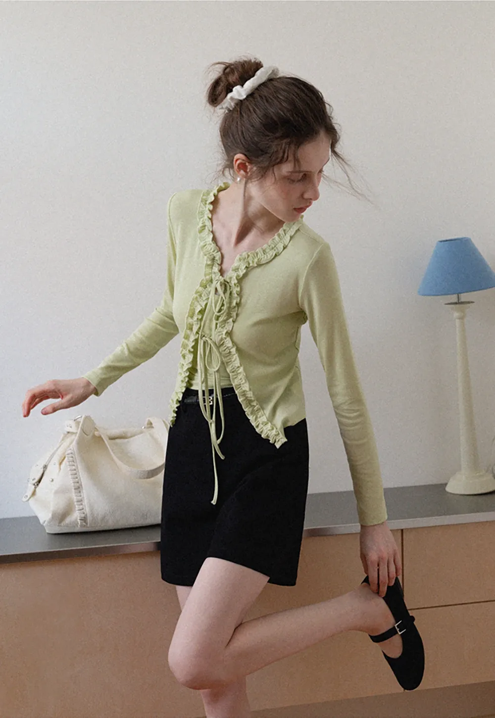 Women's Ruffle Trim Knit Top with Front Tie