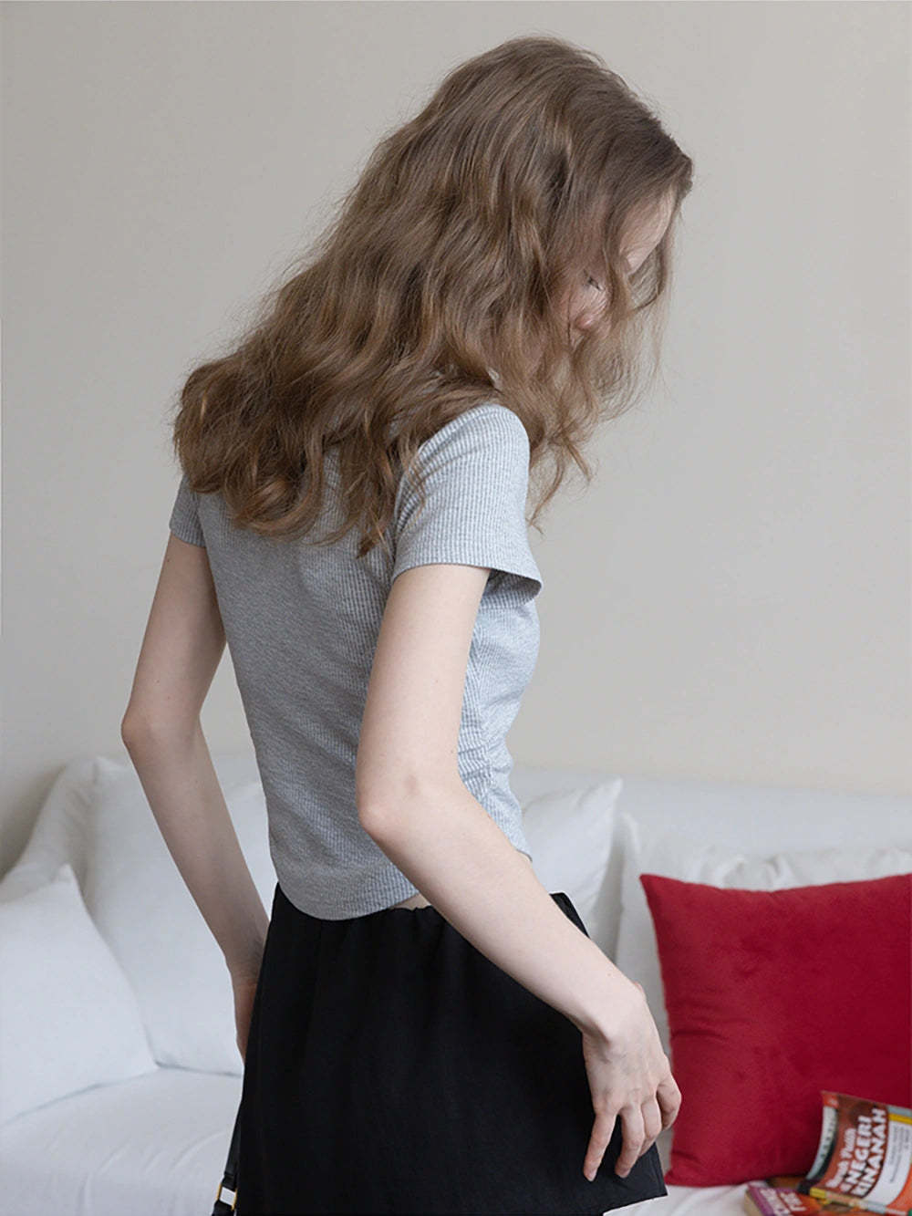 Waffle Knit Notch Neck Fitted T-Shirt