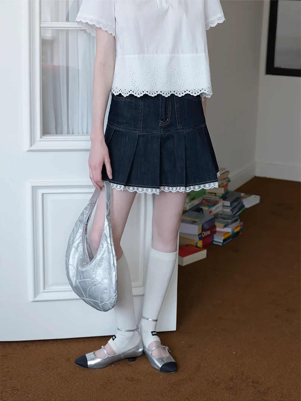 Women’s Pleated Denim Mini Skirt with Lace Trim