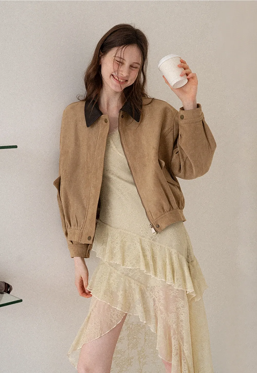 Women's Contrast Collar Faux-Suede Bomber Jacket