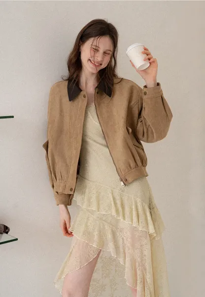 Women's Contrast Collar Faux-Suede Bomber Jacket