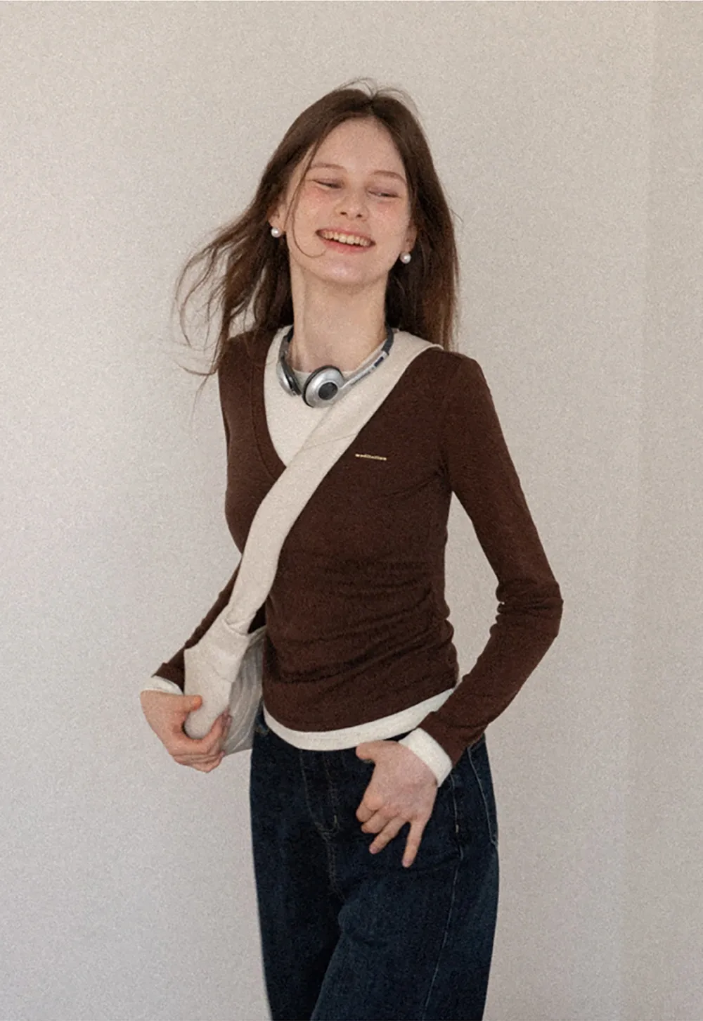 Women's Layered V-Neck Ruched Long Sleeve Top