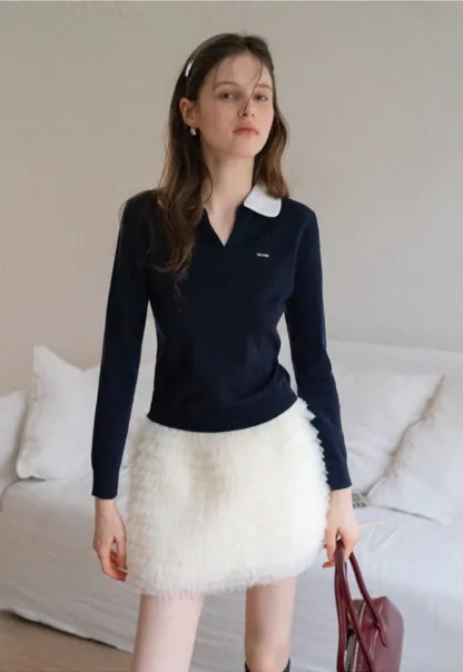 Women'sContrast Collar Long Sleeve Polo Top