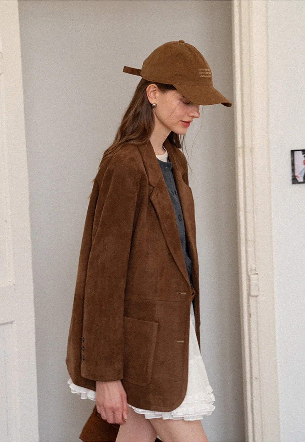 Faux Suede Blazer Jacket for Women with Pockets