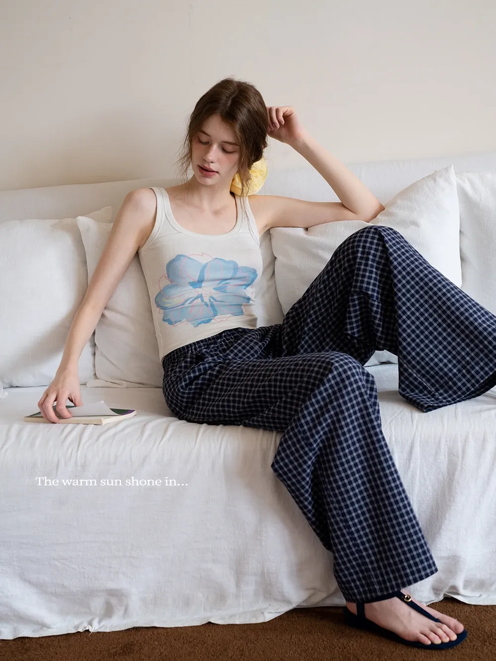 Women's Plaid Wide Leg Lounge Pants with Elastic Waist