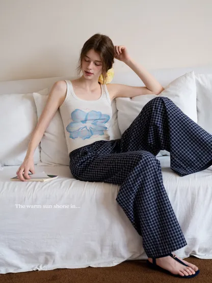 Women's Plaid Wide Leg Lounge Pants with Elastic Waist