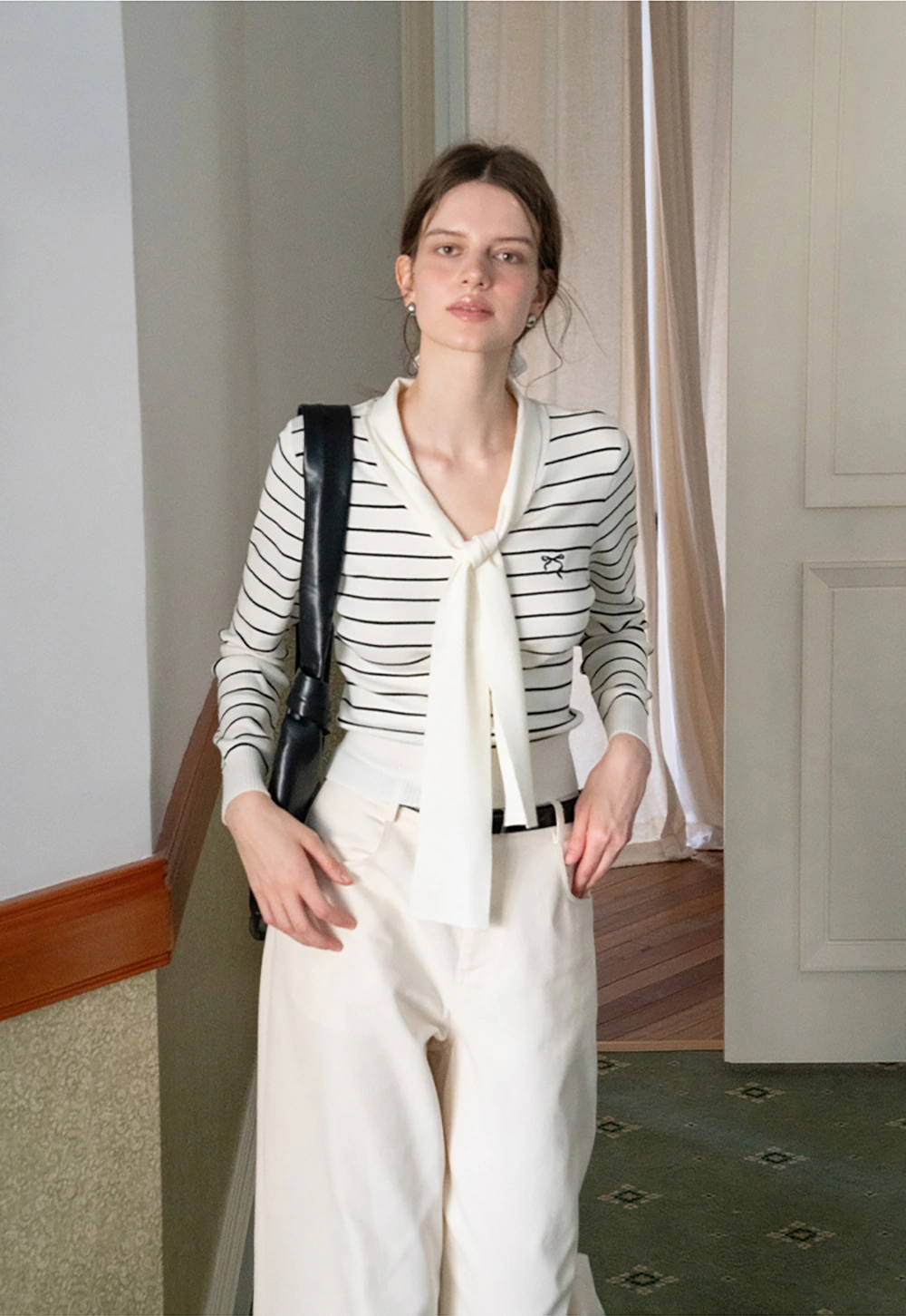 Womens Casual Striped Bow Knot Sweater