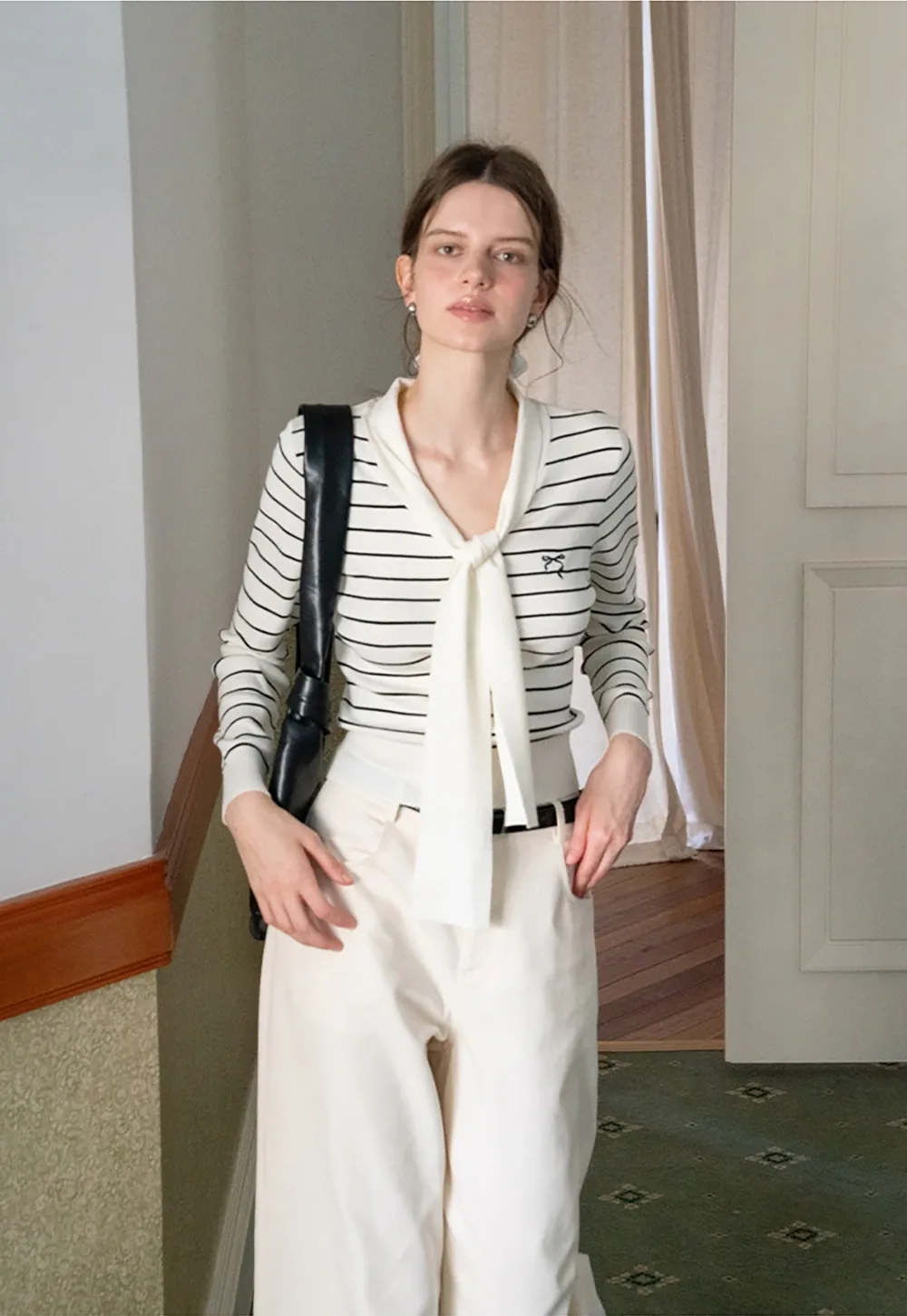 Womens Casual Striped Bow Knot Sweater