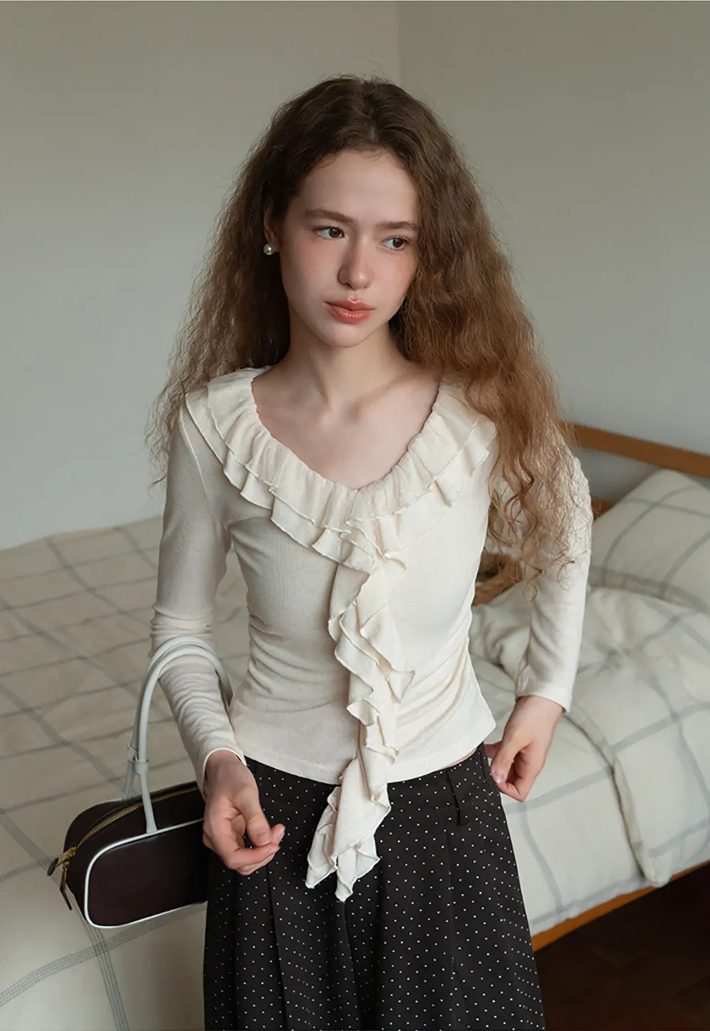 Ruffled V-Neck Long Sleeve Top