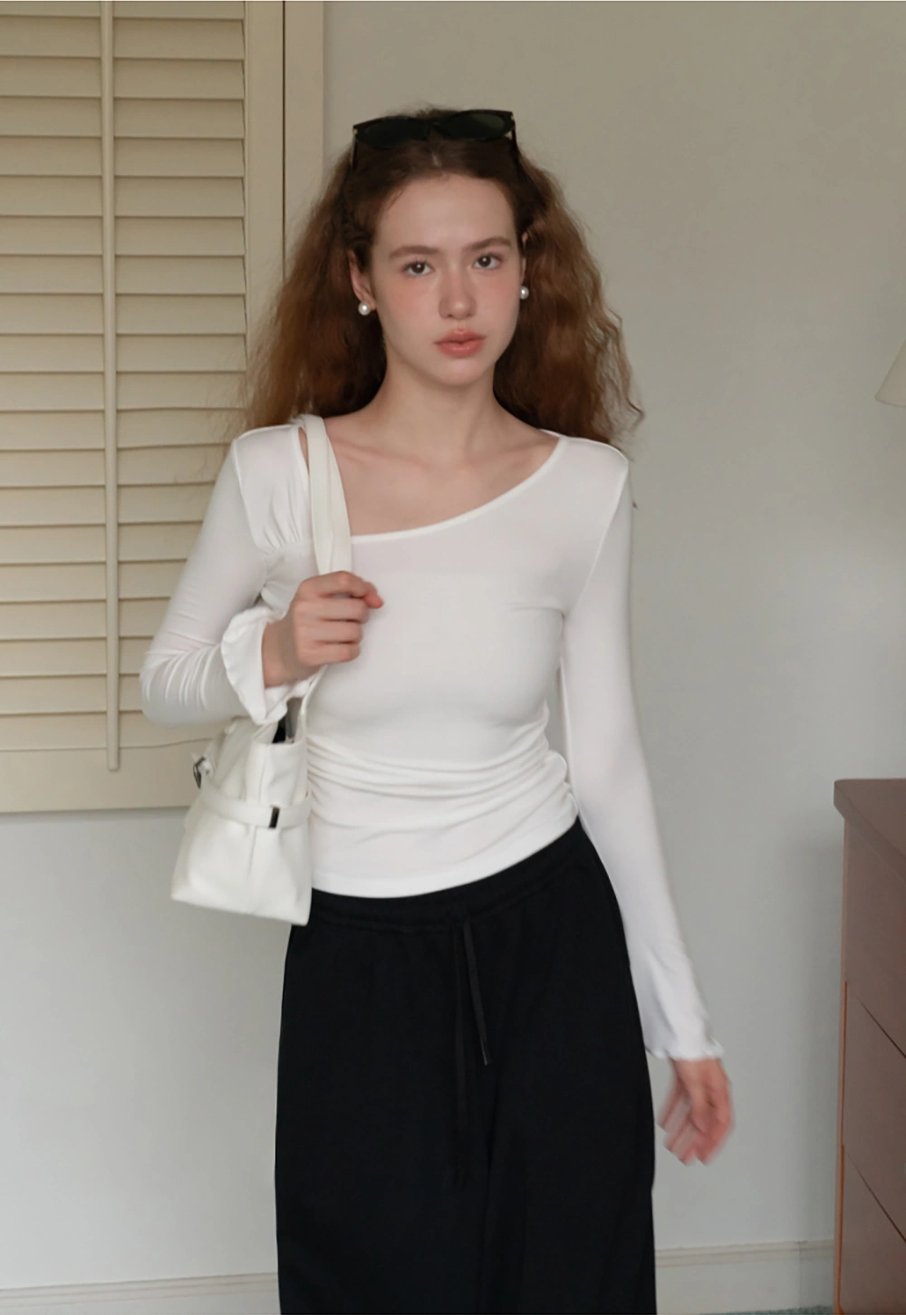 Womens Asymmetrical Neck Slim Fit Long Sleeve Top