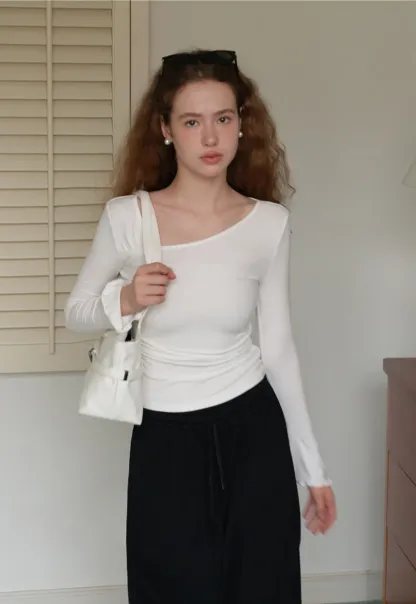 Womens Asymmetrical Neck Slim Fit Long Sleeve Top
