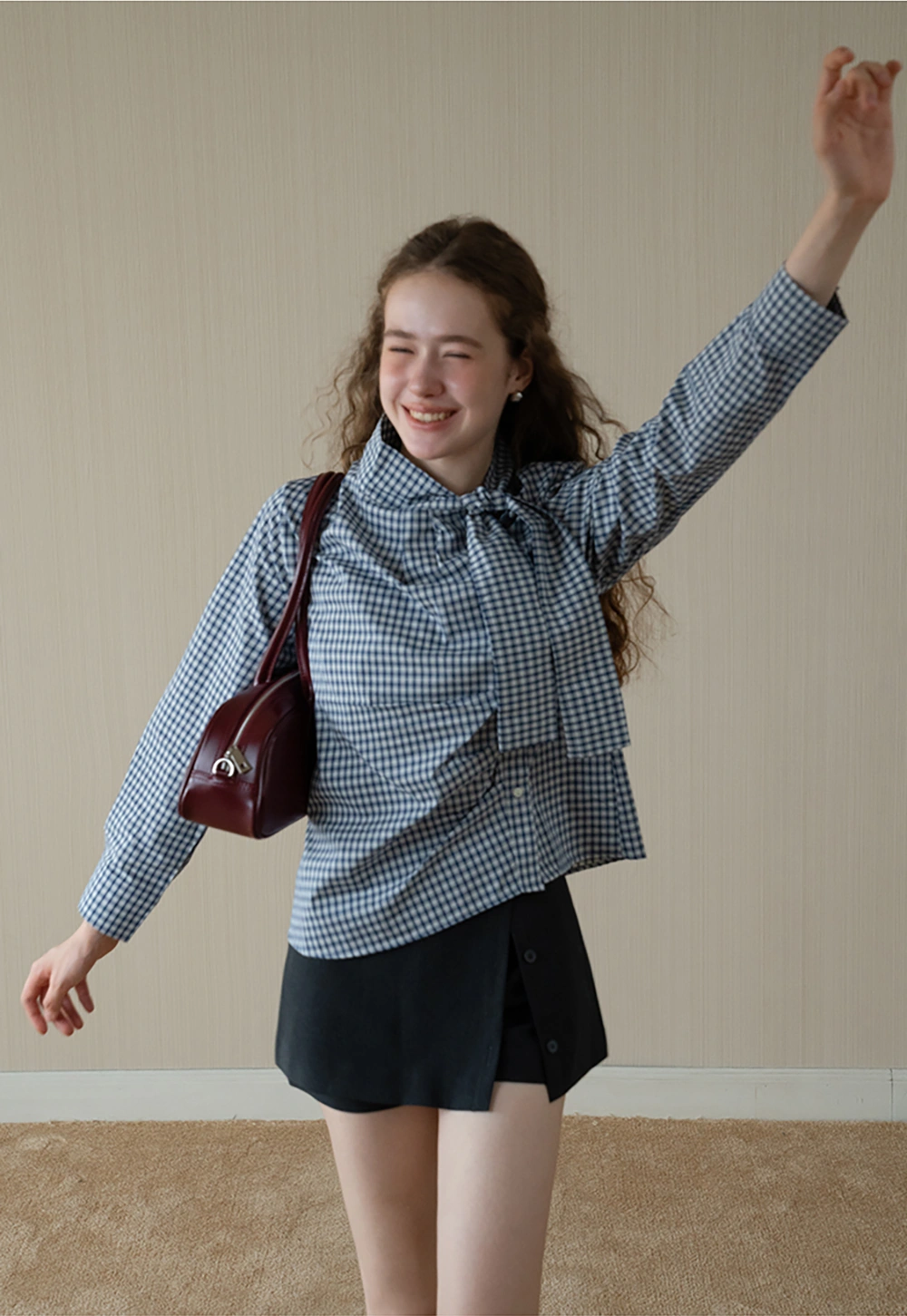 Womens Gingham Bow Tie Blouse Long Sleeve Shirt