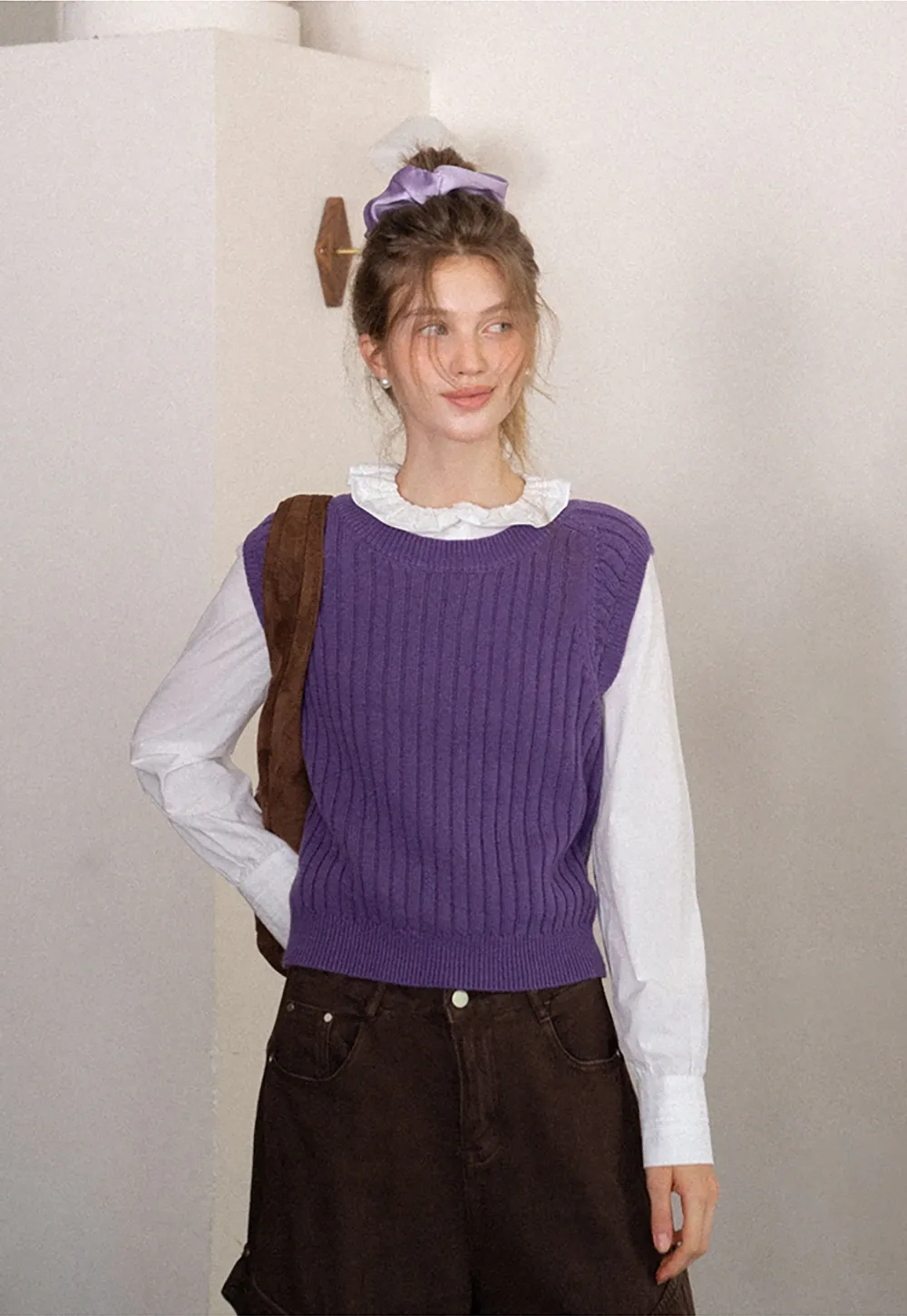 Womens Solid Color Ribbed Sweater Vest