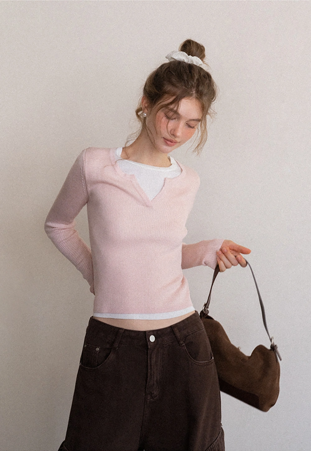 Contrast Layered Knit Long Sleeve Top