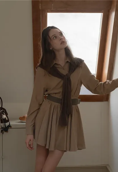 Belted Shirt Dress with Knit Scarf