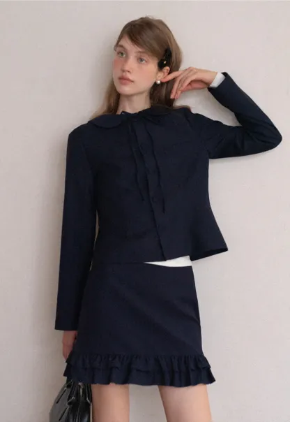 Womens Peter Pan Collar Jacket and Ruffle Hem Skirt Set