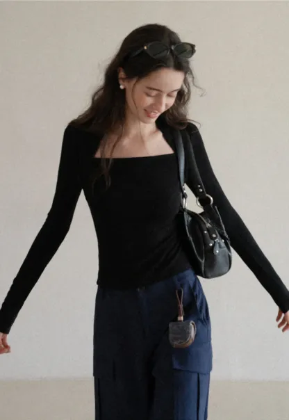 Square Neck Long Sleeve Slim Fit Top