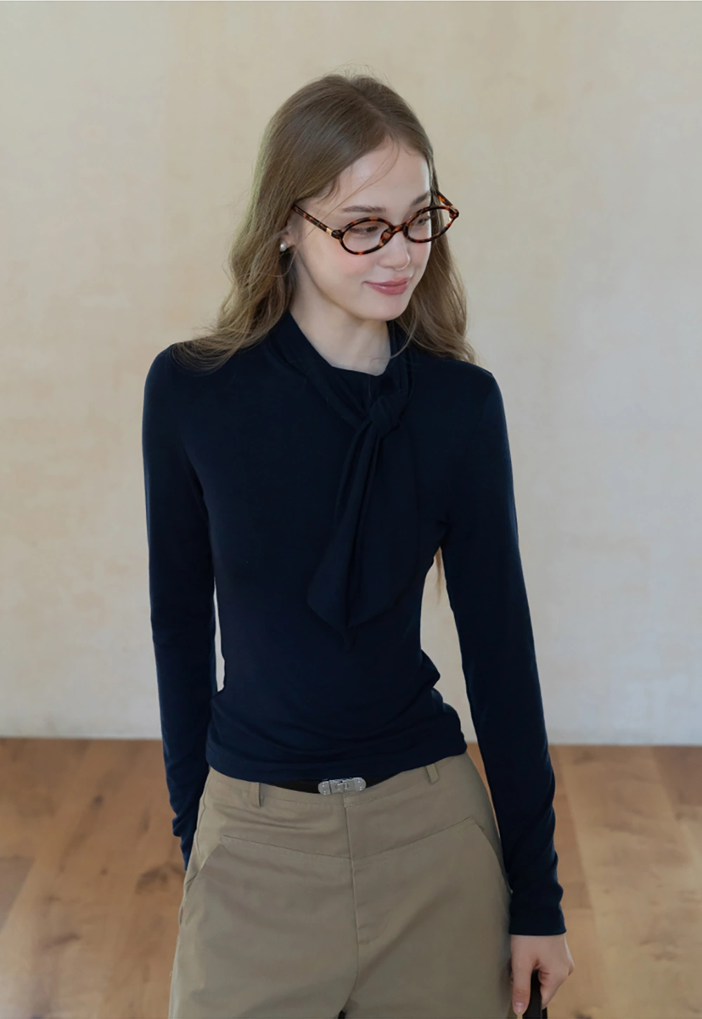 Womens Long Sleeve Tie Neck Tee