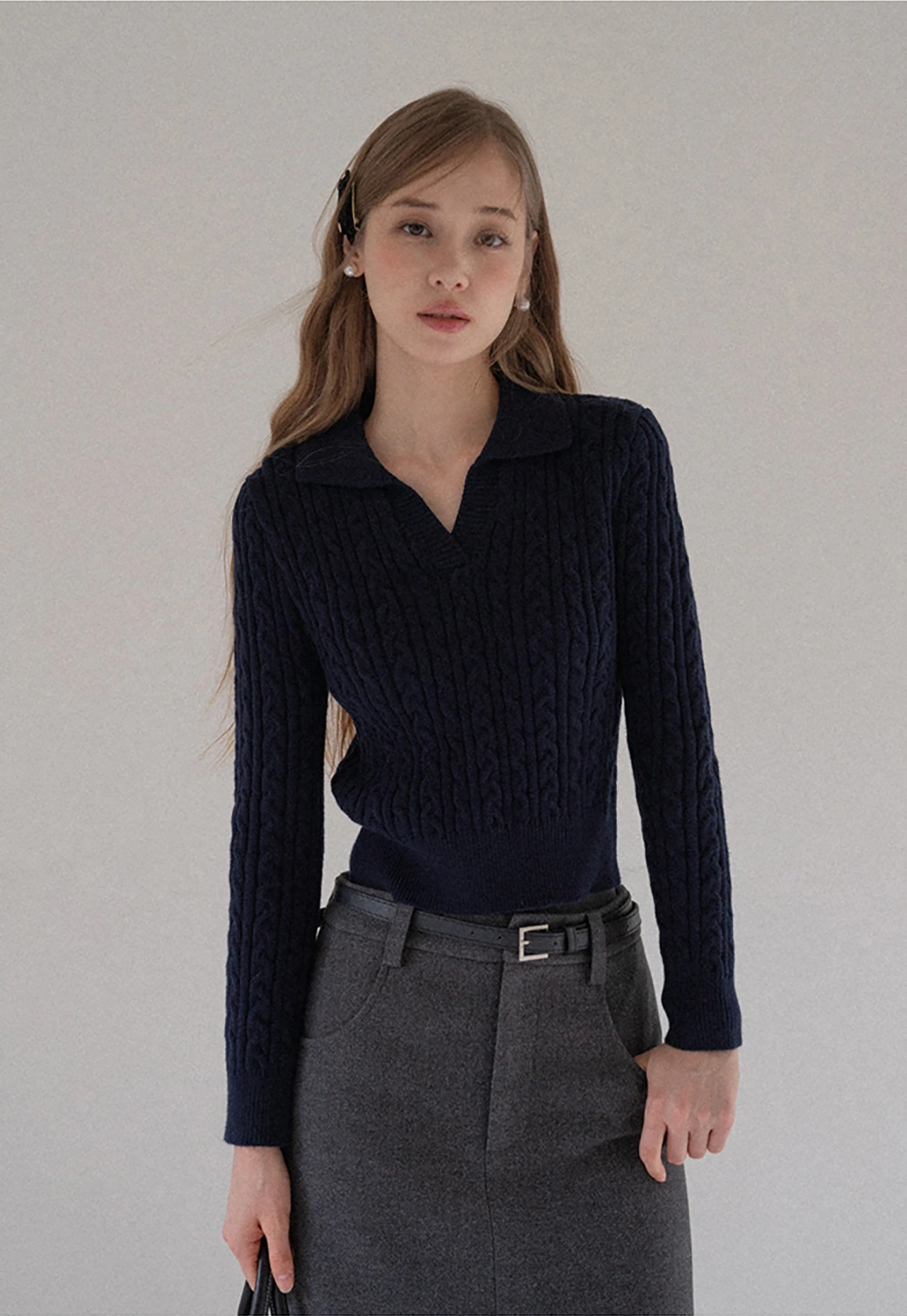 Women Cable Knit Polo Sweater Long Sleeve Slim Fit Pullover