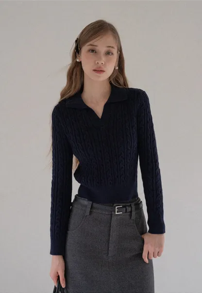 Women Cable Knit Polo Sweater Long Sleeve Slim Fit Pullover
