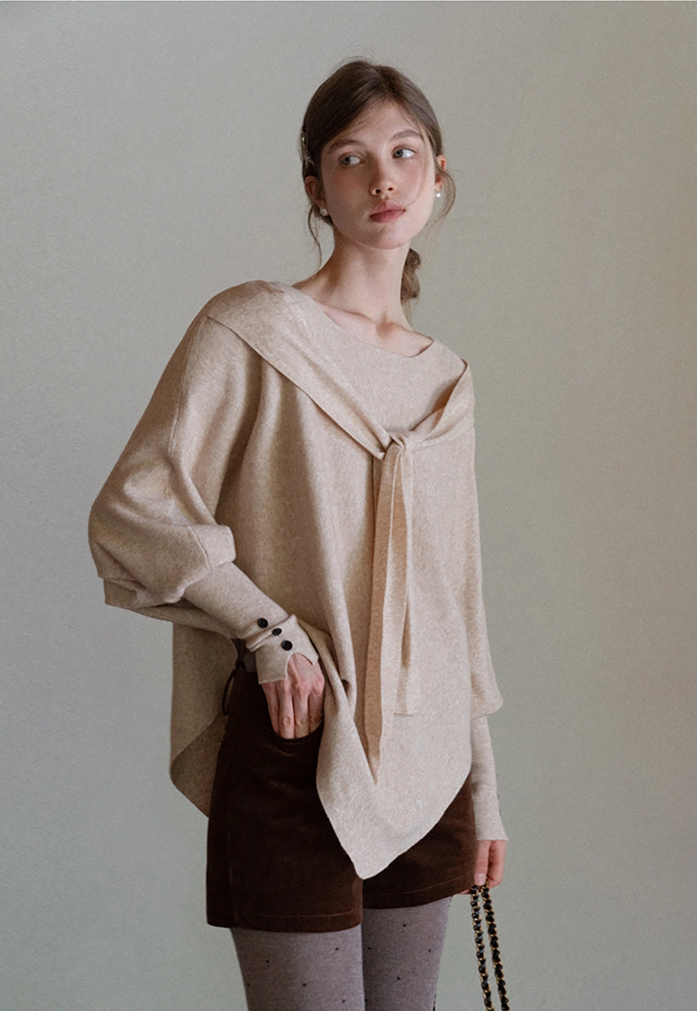 Womens Tie Collar Batwing Knit Sweater