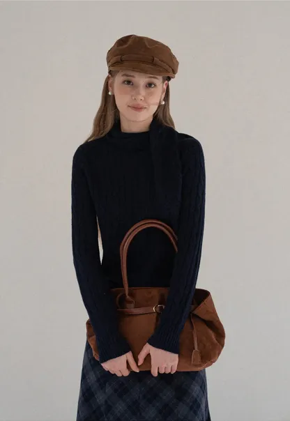 Women Cable Knit Sweater with Scarf Tie Long Sleeve