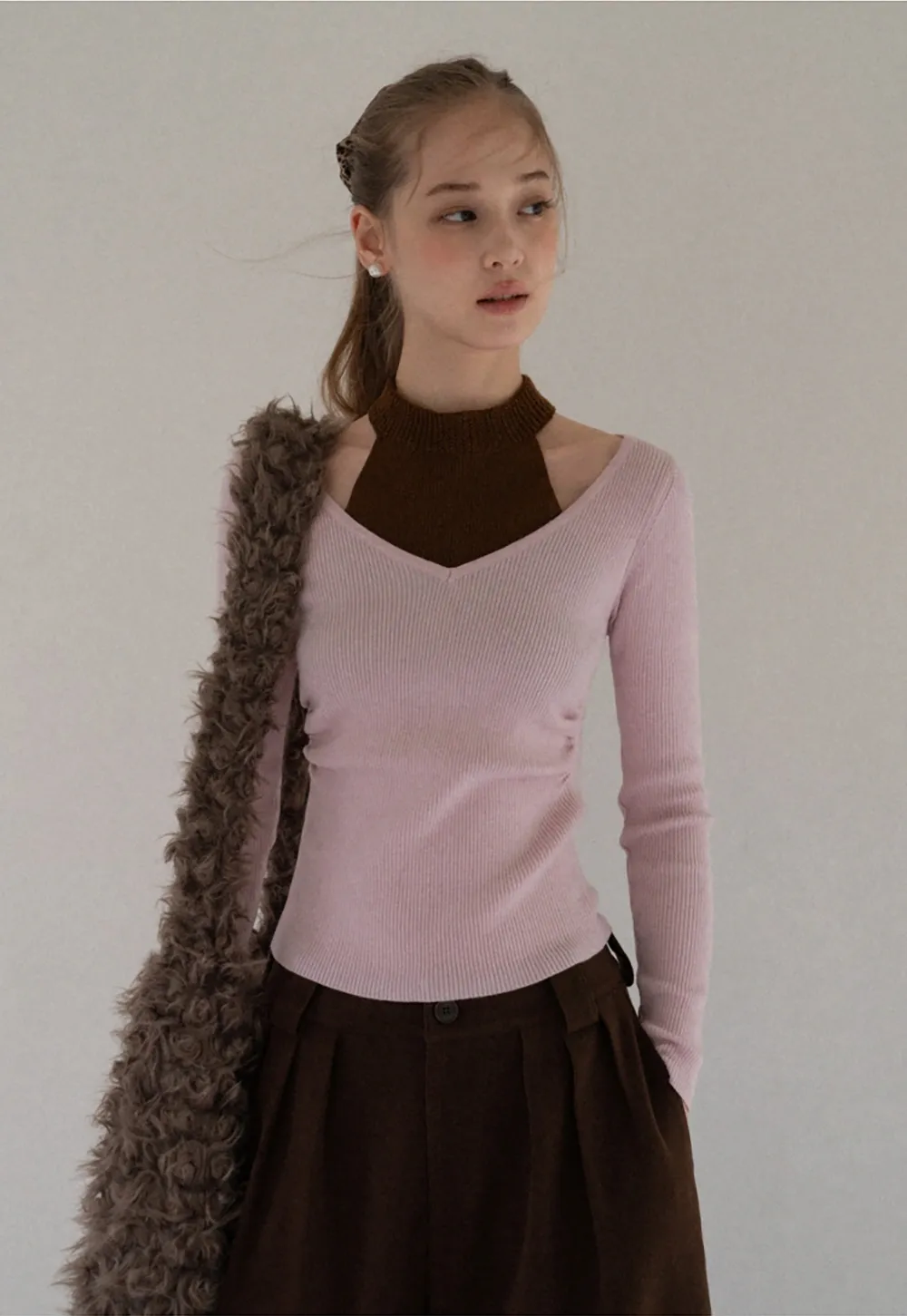 Women Cut Out High Neck Knit Pullover Slim Fit