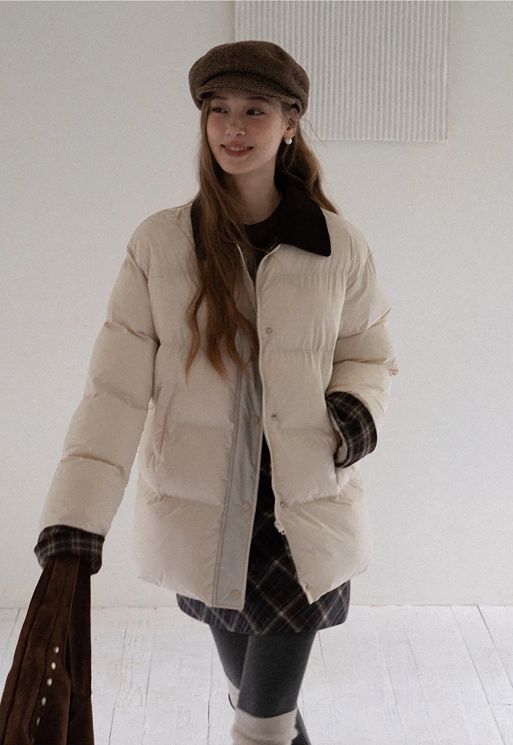 Women Short Cotton Coat with Contrast Collar and Cuffs