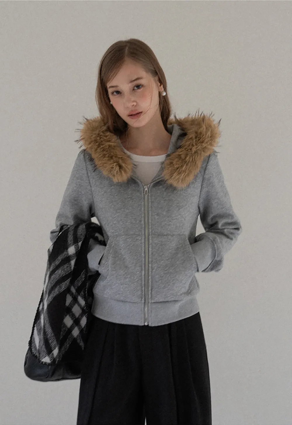 Faux Fur Trim Zip Up Hoodie