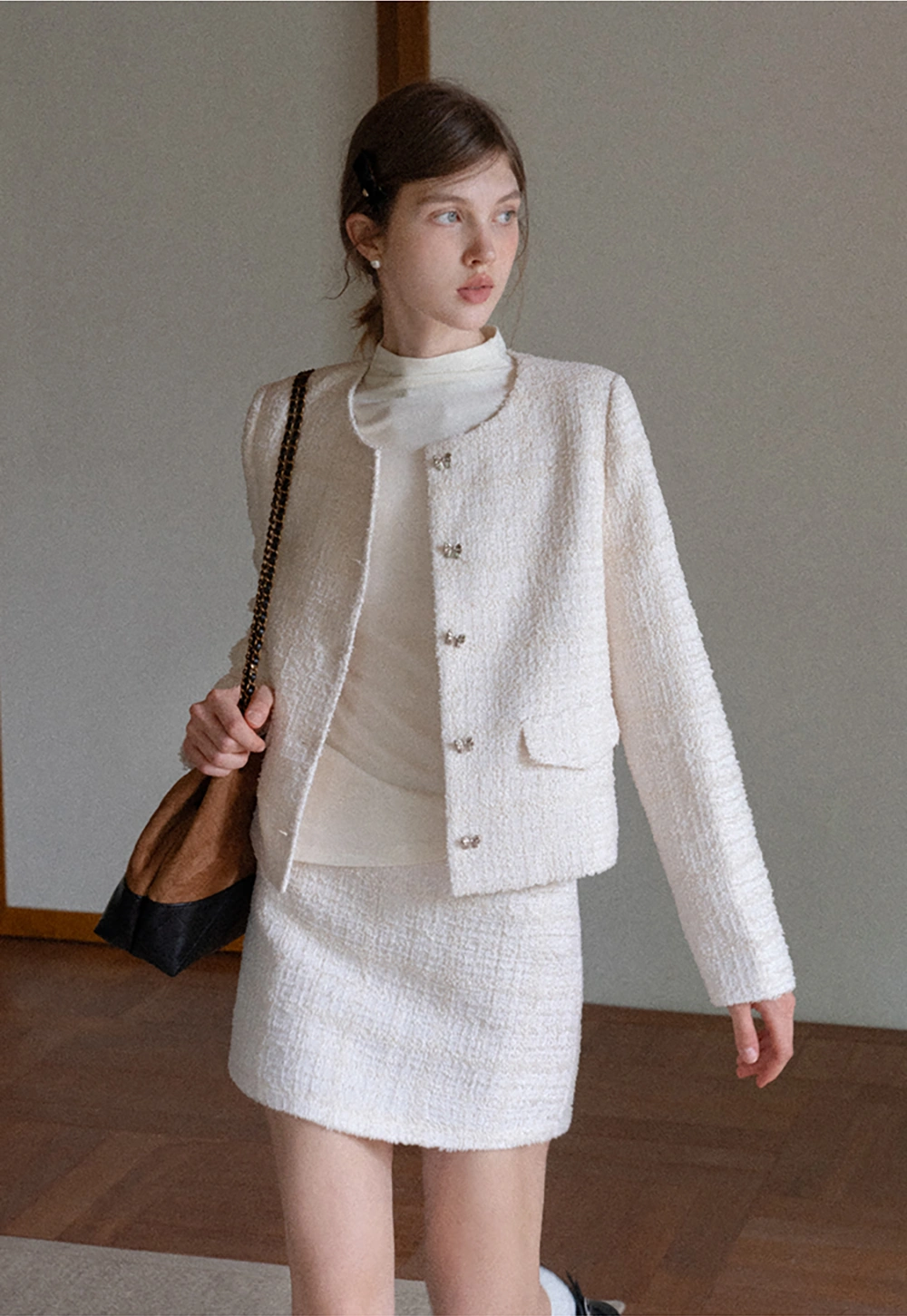 Women Elegant Tweed Skirt Suit Set with Crop Jacket