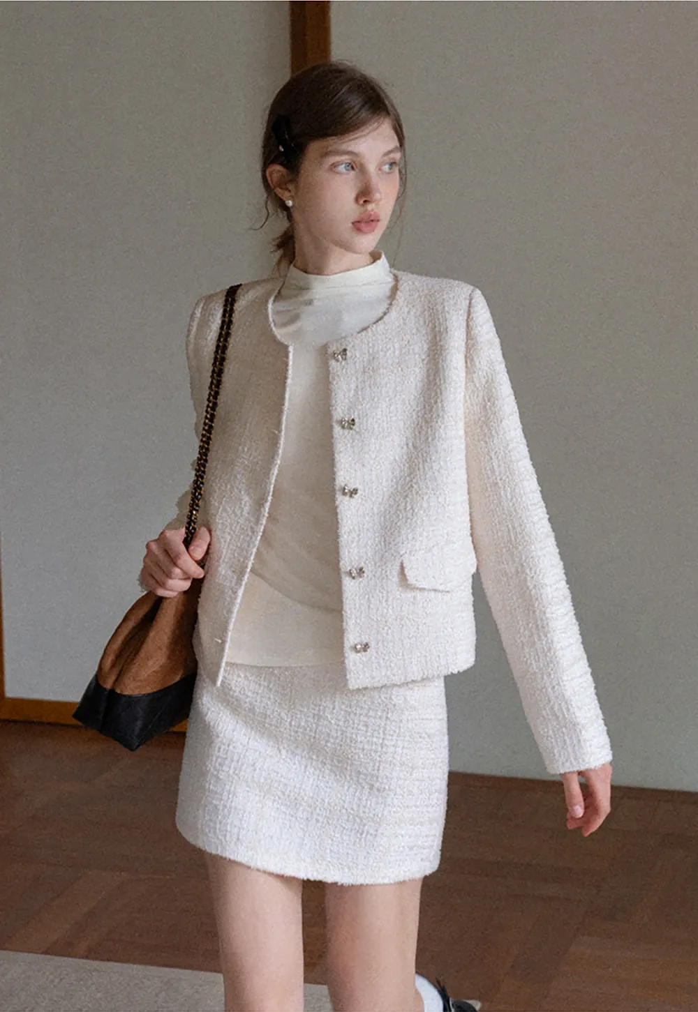 Women Elegant Tweed Skirt Suit Set with Crop Jacket