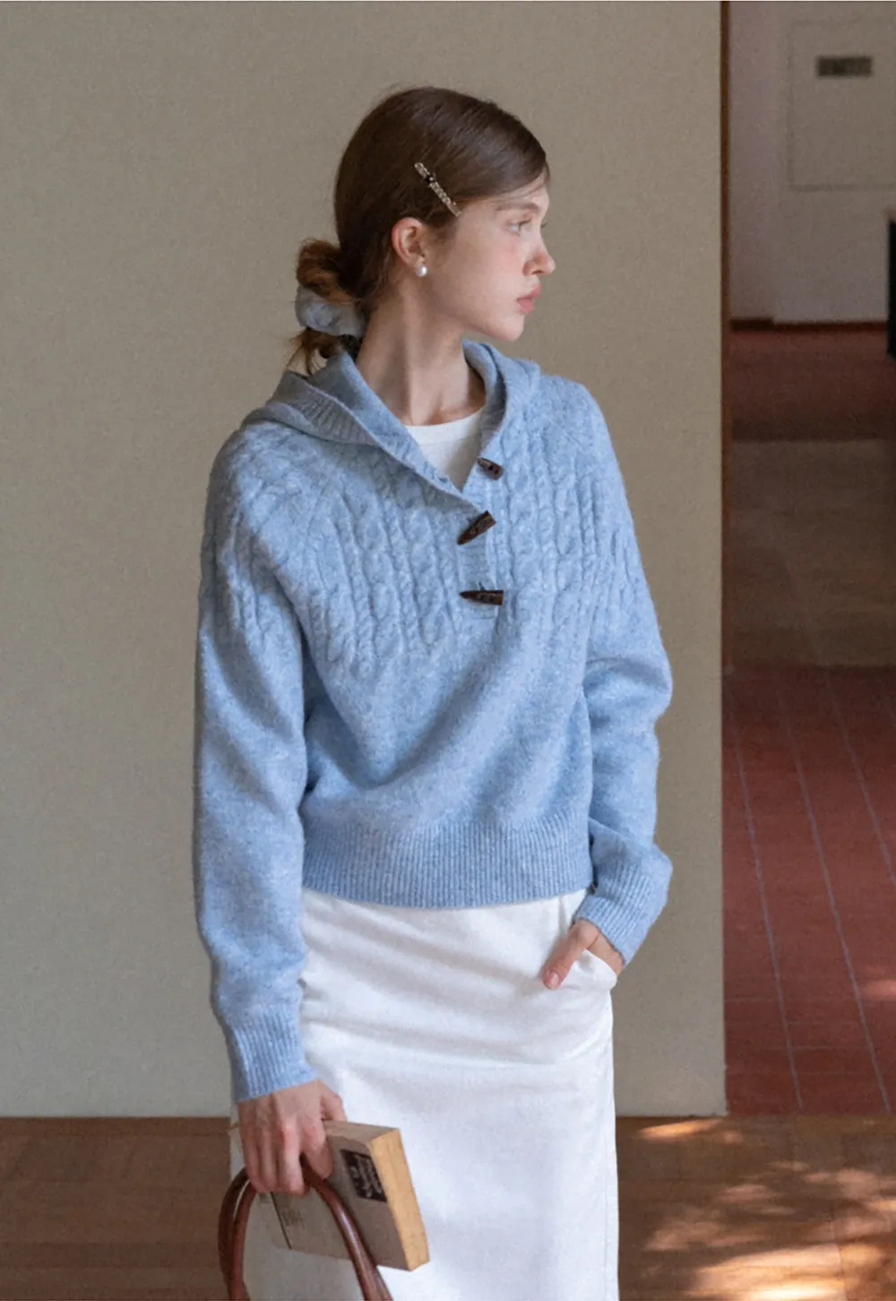 Women Winter Cable Knit Hooded Pullover