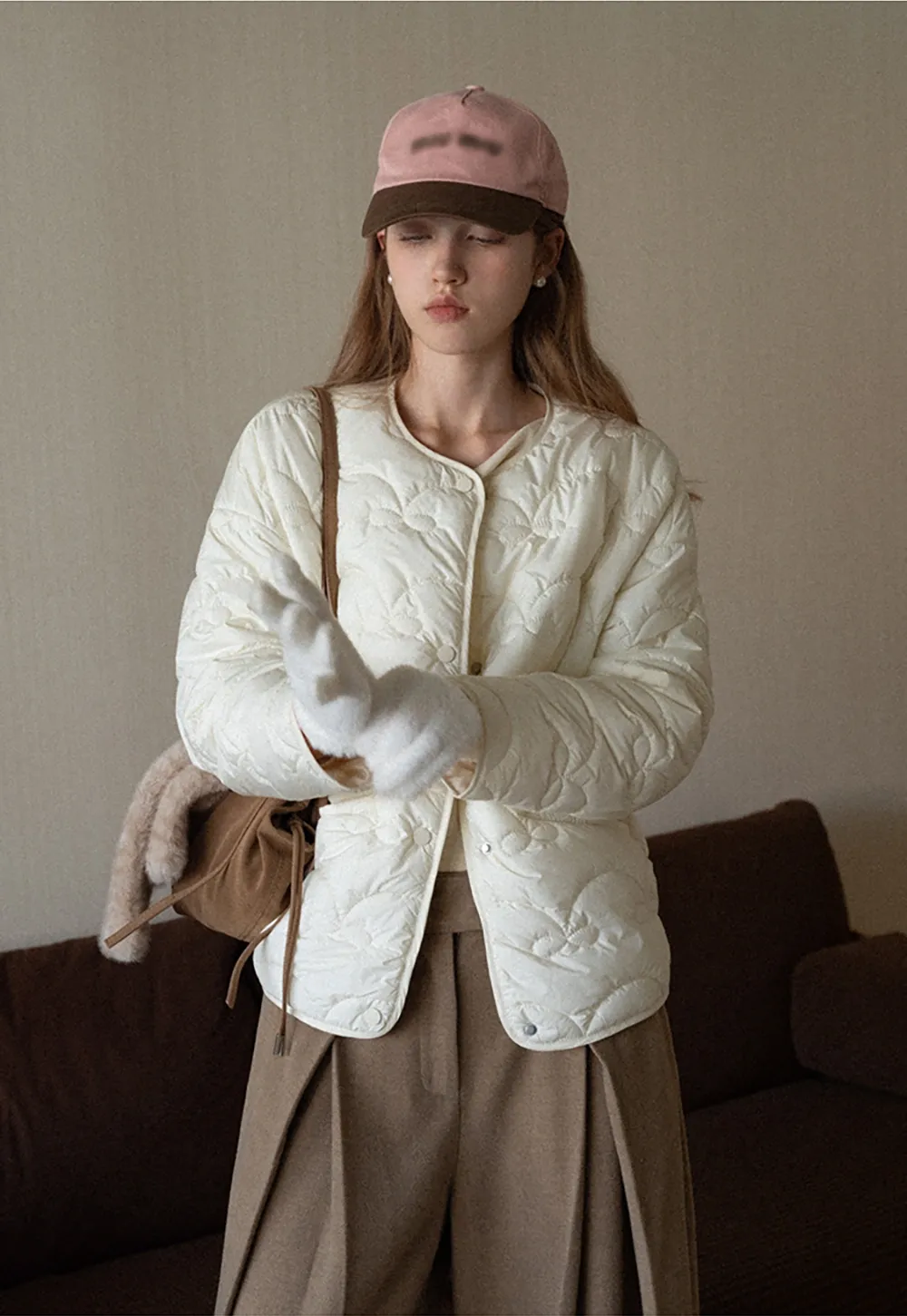 Round Neck Quilted Jacket Women Casual Outerwear